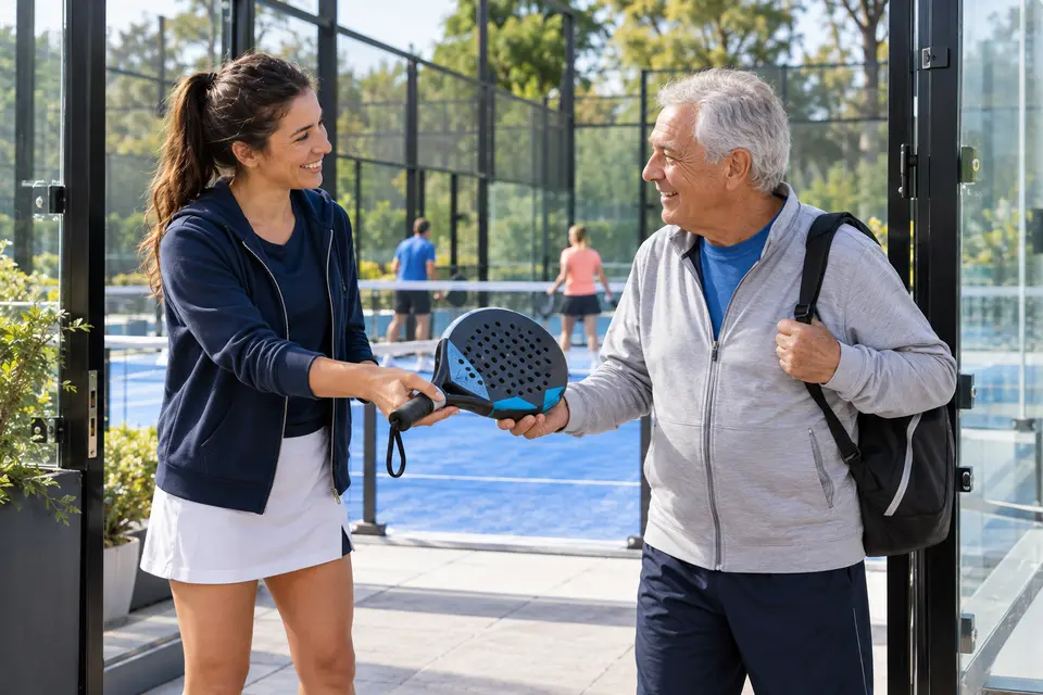 Illustrative Szene eines Freiwilligen, der einen Anfänger zum Padel-Training begrüßt